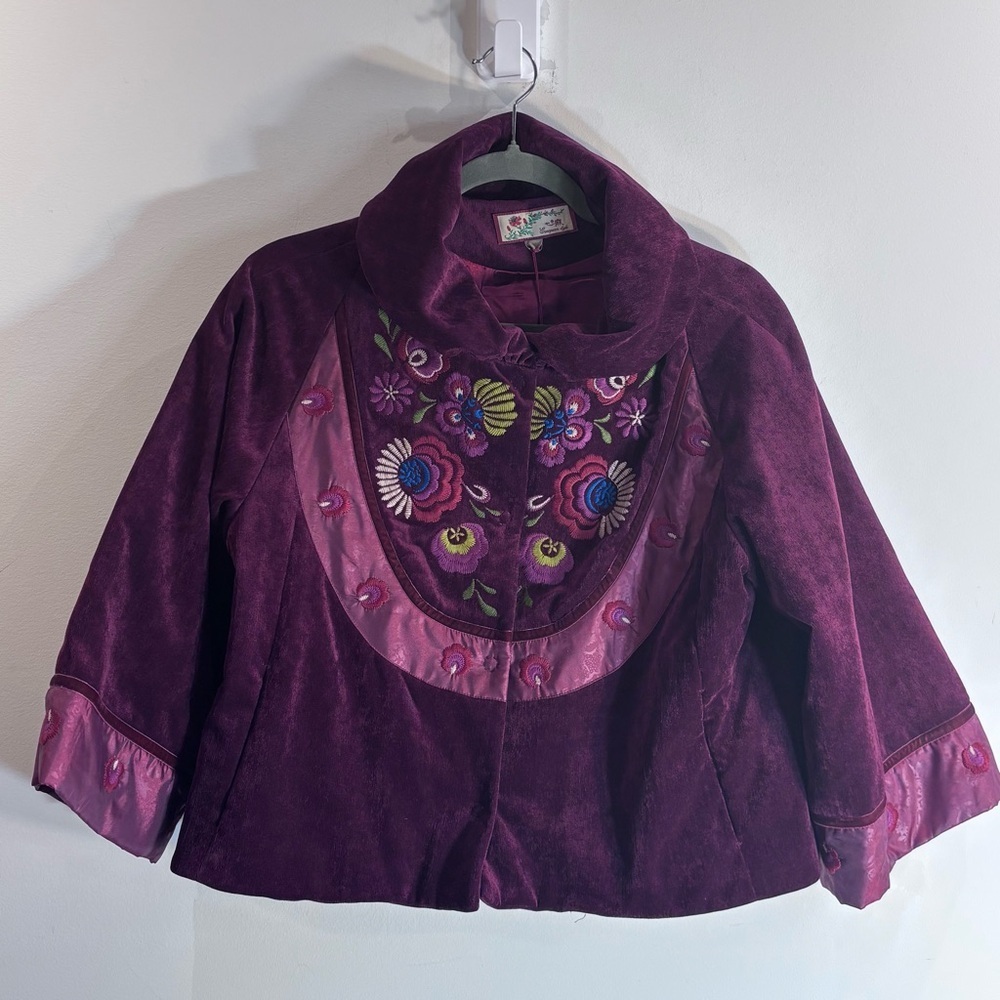 Sissy Me Sz L Velour Jacket With Floral Embroidery 3/4 Sleeves Puffed Collar New